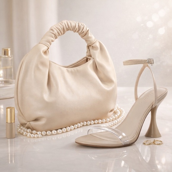 The Drop Shoes - Bag &Heels Are New -Elegant Cream Women's Hand Bag with Matching Heels.4in heel